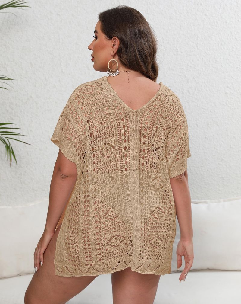 Women's bikini cover-up large size women's woven shirt hollow deep V beach dress_voghion.com