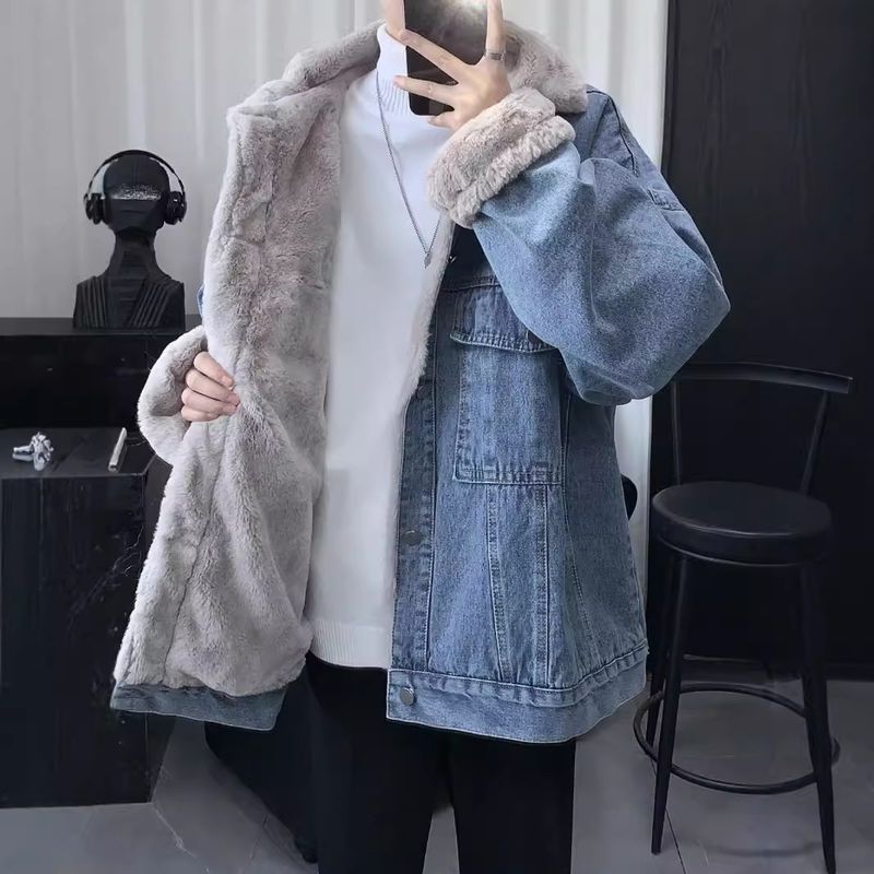Lammwolle-Jeansjacke für Herren, Retro, amerikanische High Street, lockere Fleecejacke, Baumwollmantel_voghion.com