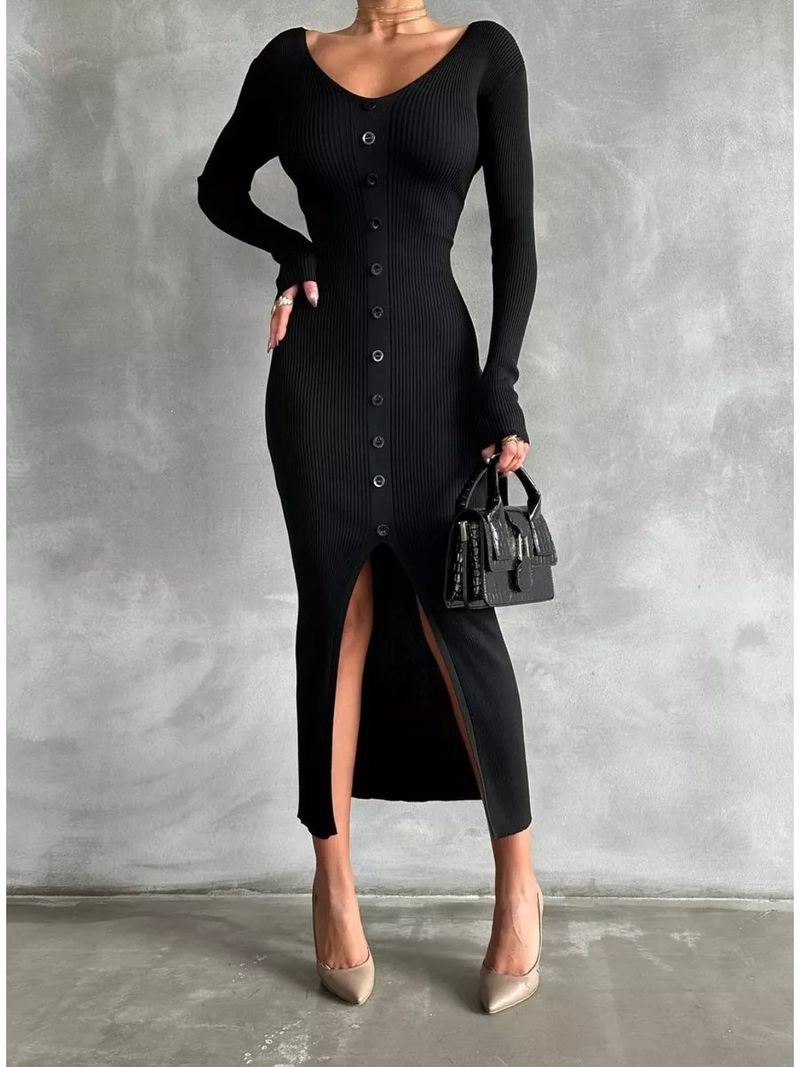 Abito in maglia avvolgente con scollo a V da donna, vestibilità slim con spacco laterale per autunno e inverno_voghion.com