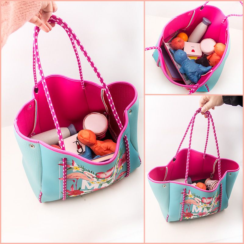 Tauchstoff Strandtasch, bedréckte Flamingo Handtasche, Outdoor Picknick Fraen Handtasche mat grousser Kapazitéit_voghion.com