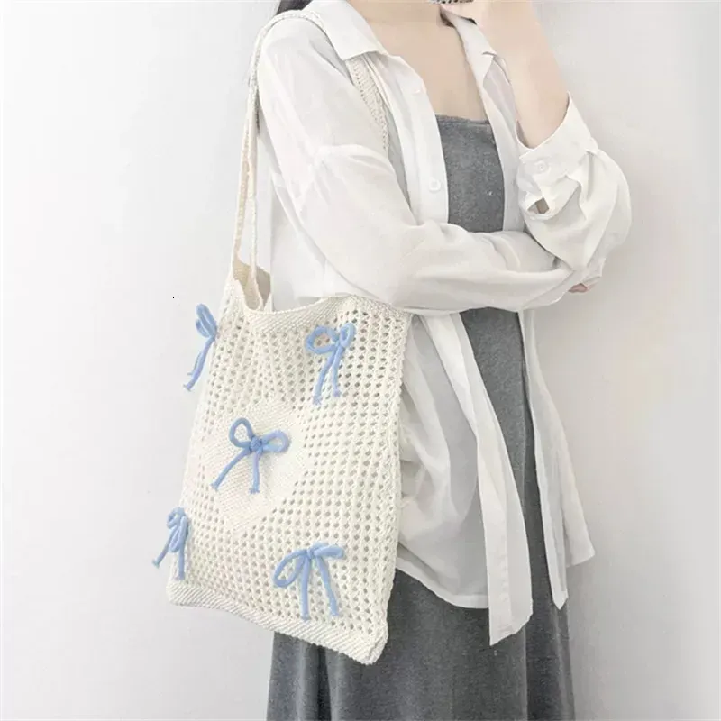 Preppy Style Crochet Tote With Butterfly Accents Solid Color Polyester Shoulder Foldable Fashion Beach Bag 250402_voghion.com