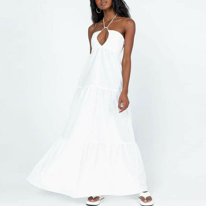 Abito estivo da donna con scollo a V e scollo a V bianco 2025, stile bohémien_voghion.com
