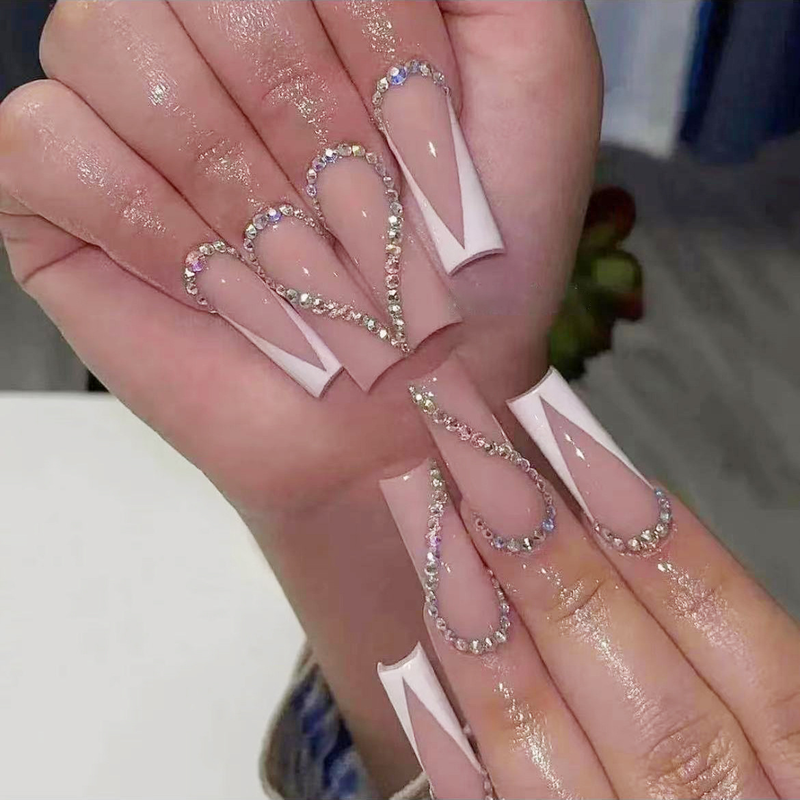 Square 24Pcs Long False Nails with Glue French Rhinestone Design Fake Nail Wearable Acrylic Press on Nails Ful_voghion.com
