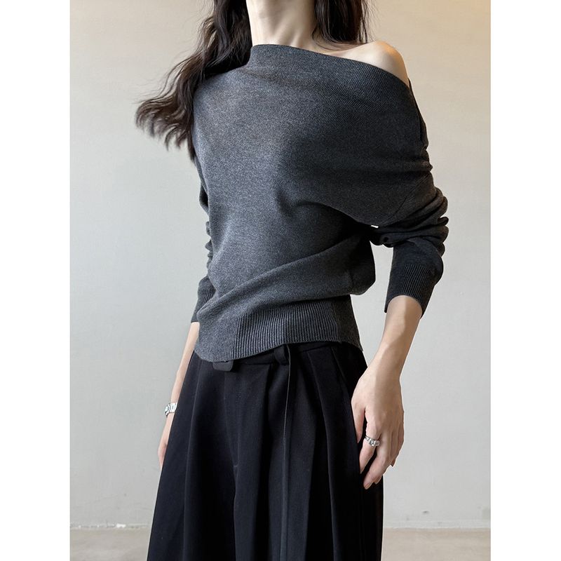Yanshuang Koreaanse stijl gestreepte elegante off-shoulder gebreide trui voor vrouwen herfst high-end losse afslankende basis shirt_voghion.com