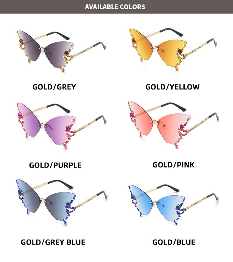 2024 Voller Schmetterling Rahmenlose Kugel Wasser Diamant Mode Persönlichkeit Übertrieben Sonnenbrille Weibliche Runde Großes Gesicht_voghion.com