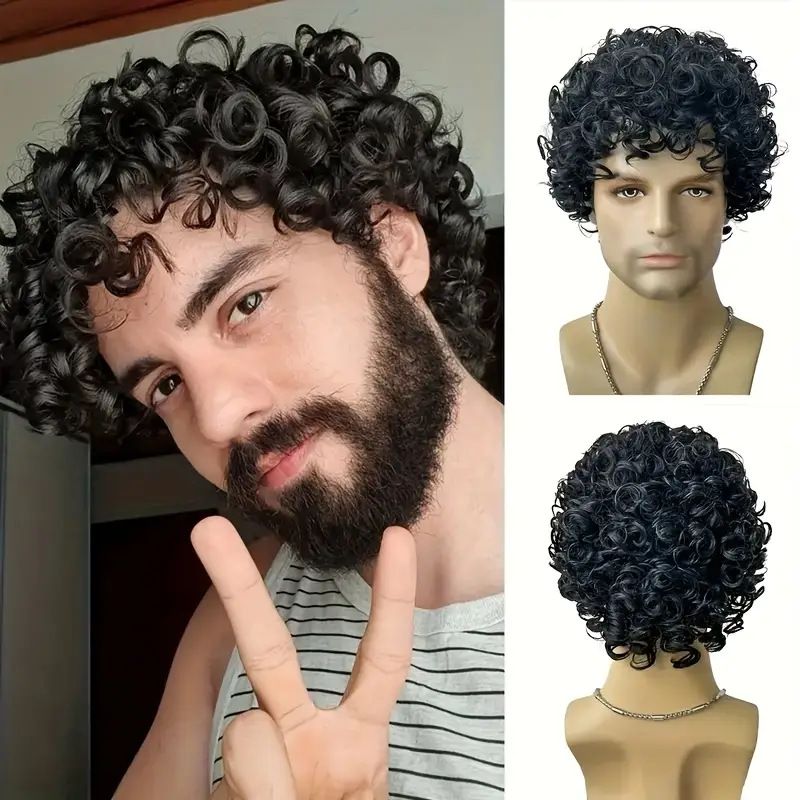 Kairuisi Men's Afro Short Curly Wig - 1B# Black Synthetic Heat Resistant Fiber With Rose Net Cap For Natural Look_voghion.com
