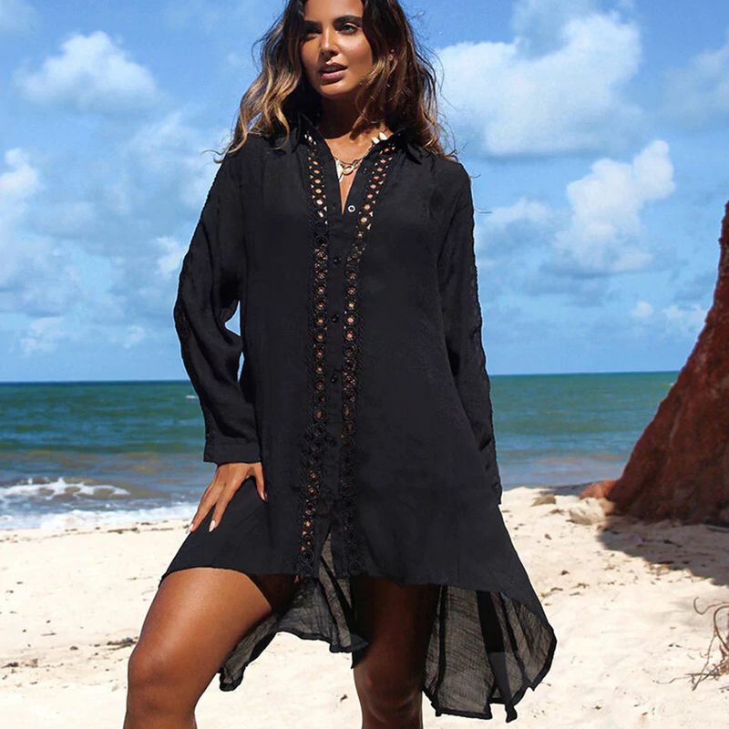 Damenbekleidung Strand-Überwurfhemd aus Häkelspitze für Damen – stylisches Bikini-Wickelkleid, Sonnenschutz und Urlaubsoutfit (Weiß und Schwarz, Einheitsgröße)_voghion.com