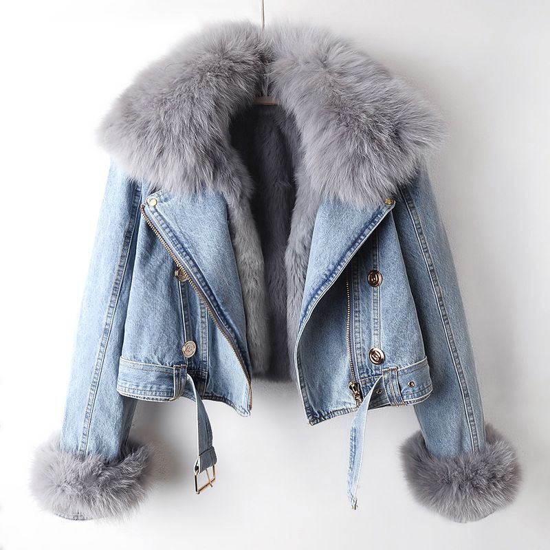 Giacca corta da donna in denim di piccole dimensioni, alla moda, con collo in pelliccia di volpe e fodera in pelliccia di coniglio, stile autunno e inverno_voghion.com