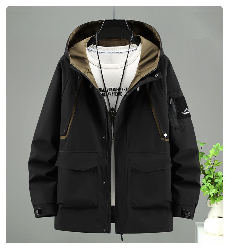 Übergroßer Utility-Trenchcoat für Herren – Lange Arbeitsjacke mit abnehmbarer Kapuze und Kontrastnähten (Schwarz/Grün, 4XL-11XL)_voghion.com