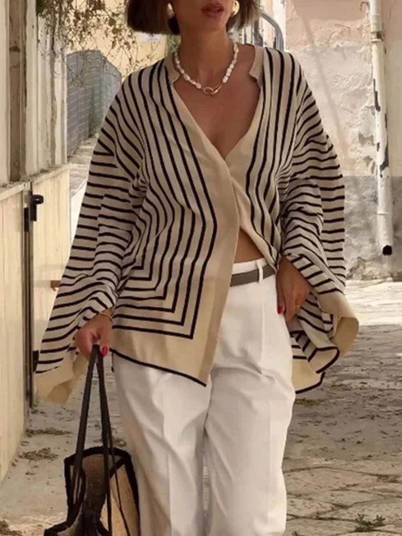 Damenbekleidung Frühling Neue Langarmhemd Gestreiftes Loses Strickjackenhemd Damen_voghion.com