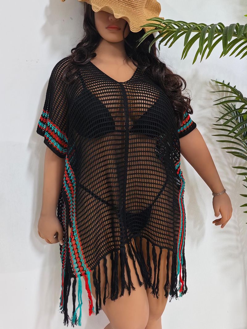 Chemisier de vacances pour femmes, grande taille, rayé, coutures contrastées, robe de plage, bikini, vêtements d'extérieur_voghion.com