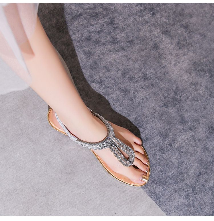 New Bohemian Sandals Round Head Flat Sandals Women's Rhinestone Large Size Women's Sandals_voghion.com