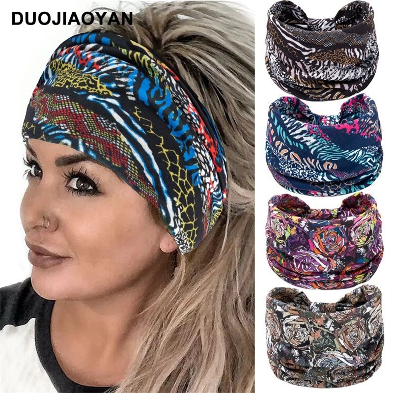 New Leopard Print Digital Printed Sports Headband with European and American Knotted Cross Wide Edge Elastic Headband for Women_voghion.com