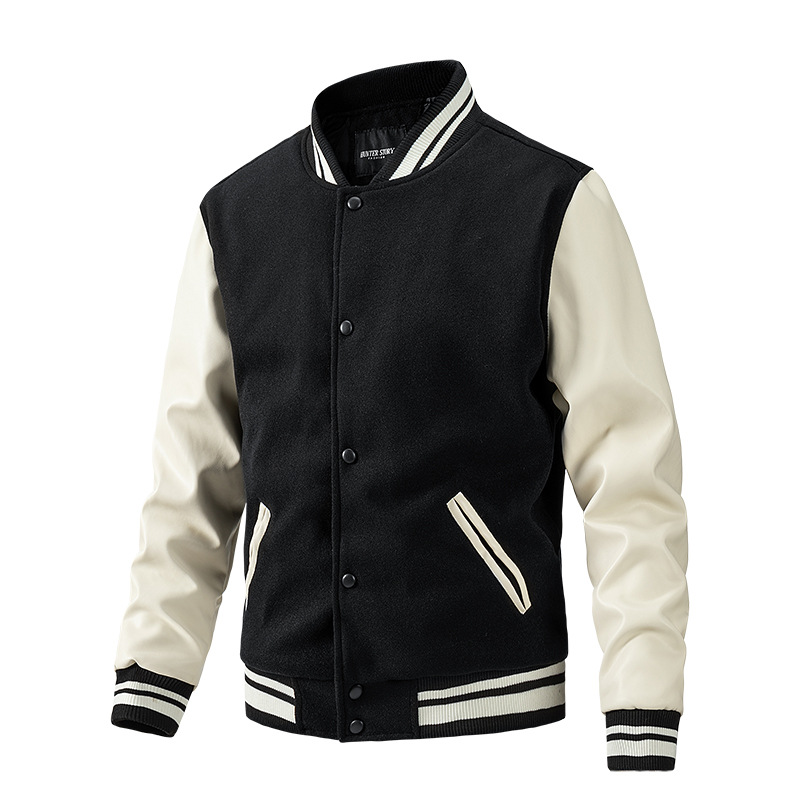 Herbst Winter Mode im amerikanischen Stil Baseballjacke Wolle PU Ärmel Mantel Casual Herrenbekleidung_voghion.com