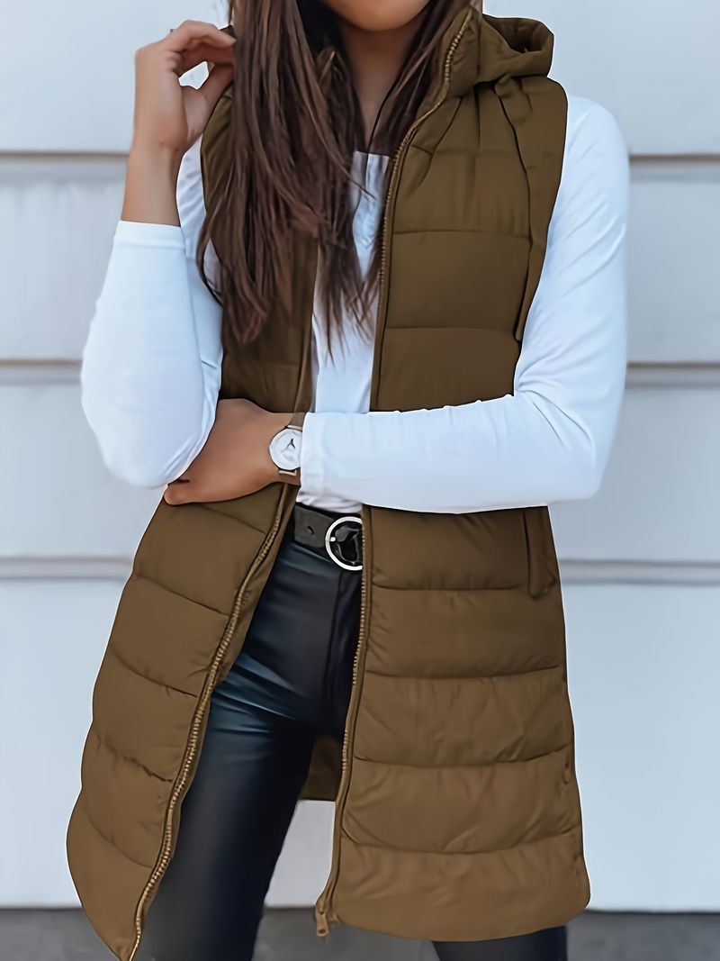 Women's Long Hooded Zip-Up Quilted Vest - Lightweight Polyester Puffer Jacket For Winter, Casual & Elegant Style_voghion.com