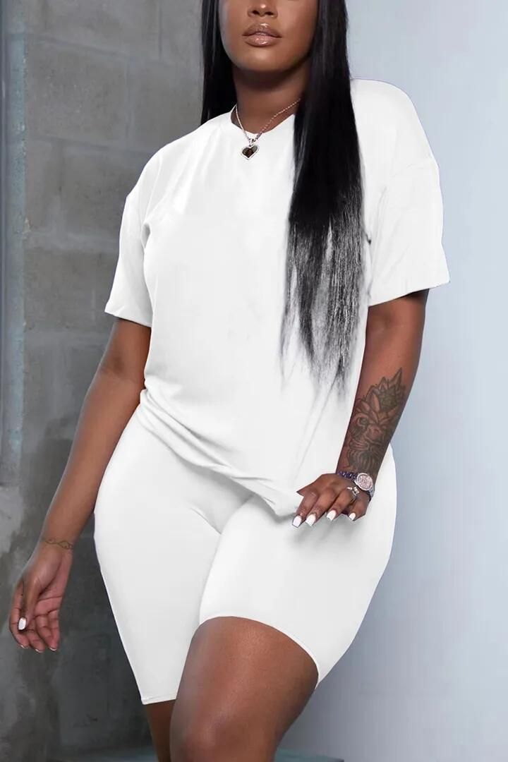 Dviejų dalių komplektai moteriški vasariniai laisvalaikio stiliaus trumpomis rankovėmis, apvalia kaklo iškirpte, vienspalviai viršutiniai ir šortai, plius dydžio dviejų dalių komplektas_voghion.com