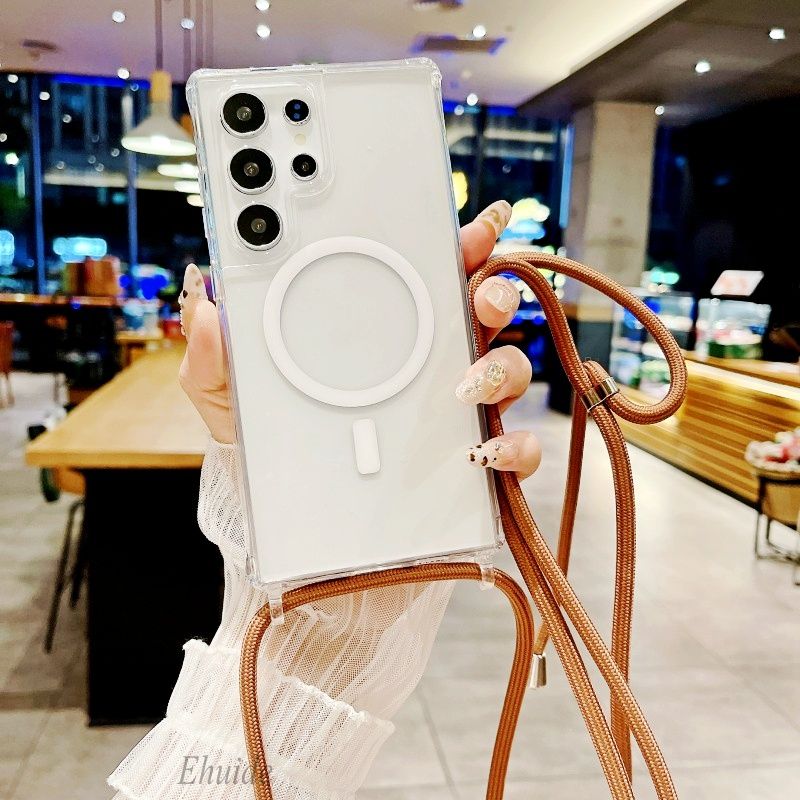 Magnetický popruh pro Samsung Galaxy S25 Ultra S23 S24 Plus S25Plus Crossbody Lanyard Průhledný bezdrátový nabíjecí kryt_voghion.com