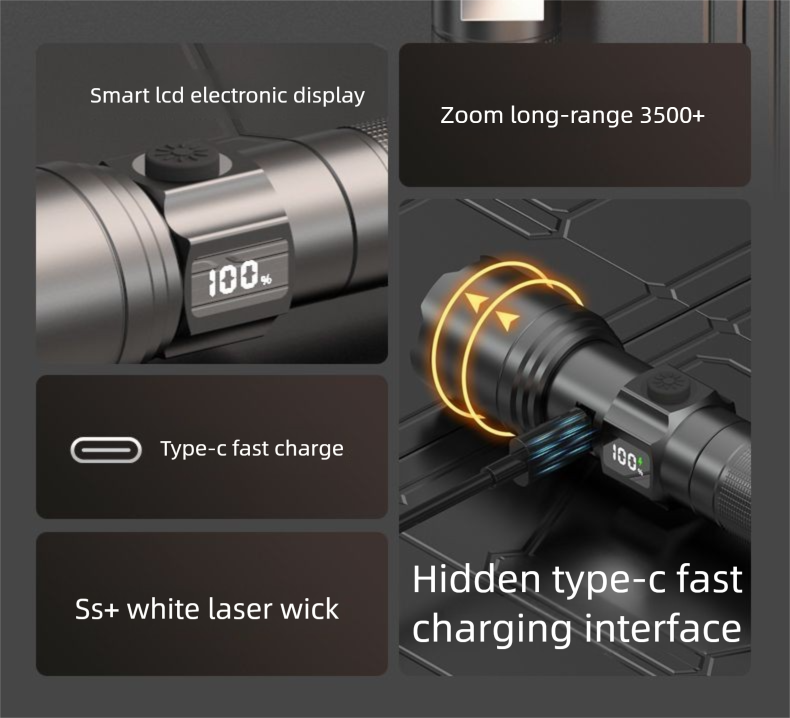 Neue LED-Taschenlampe mit hoher Helligkeit, wiederaufladbar über USB, ultrahell, für den Außenbereich, für den Heimgebrauch, Notfall-Gaslicht, Fernscheinwerfer_voghion.com