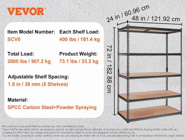 VEVOR Storage Shelving Unit, 5-Tier Adjustable, 2000 lbs Capacity, Heavy Duty Garage Shelves Metal Organizer Utility Rack, Black, 48" L x 24" W x 72" _voghion.com