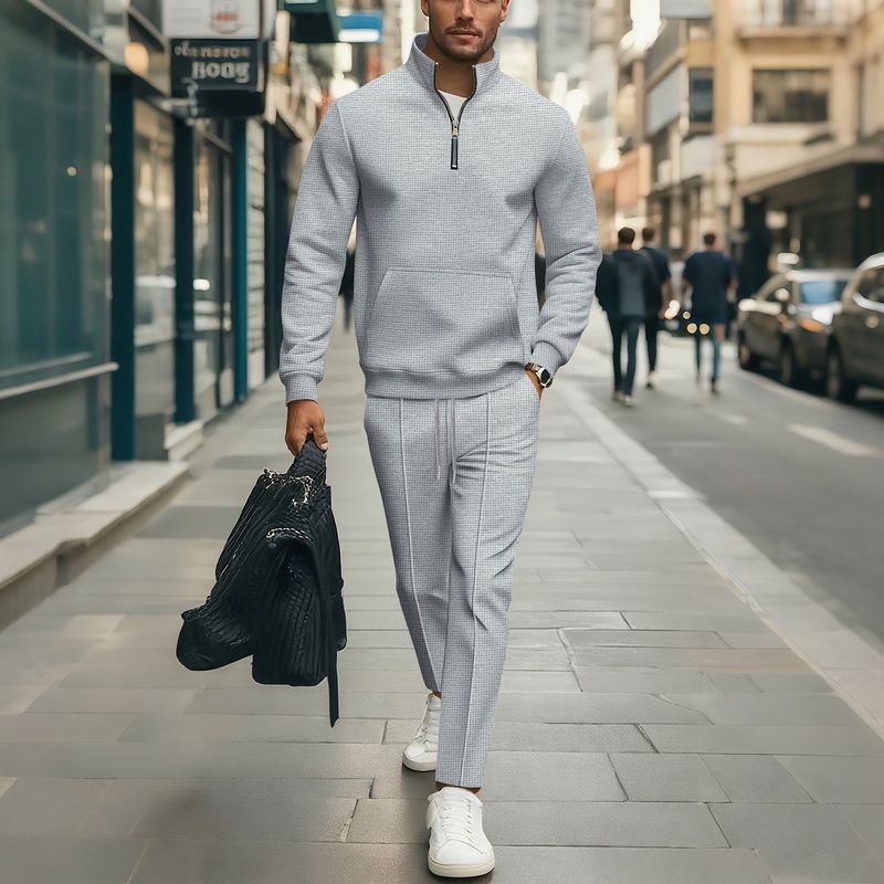 Herren-Set aus Waffelstrickpullover mit halbem Reißverschluss und Hose – lässiges Lounge-Outfit mit langen Ärmeln für den Herbst (Schwarz, Grau, Khaki, Weiß, Blau)_voghion.com