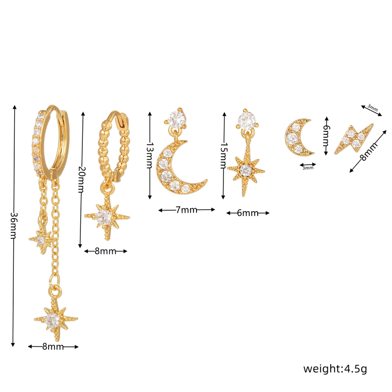 Star And Moon Chain Tassel Six Pointed Star Personality Fashion Zircon Set Female Earrings_voghion.com