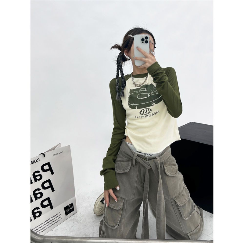 HOUZHOU Vintage Y2K Patchwork Groene T-shirts Vrouwen Hippie Streetwear T-shirts met lange mouwen Vrouwelijke Kpop Retro Herfst Crop_voghion.com