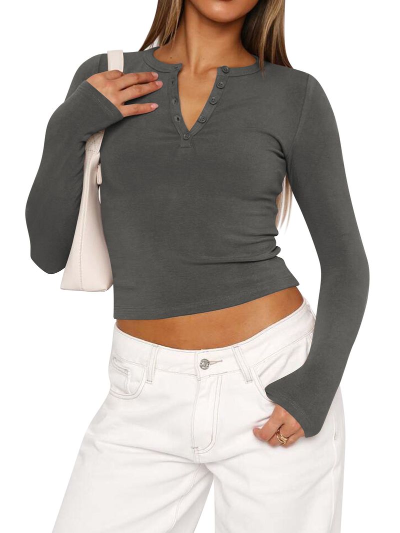 Women's Clothing Slim Fashion Threaded Rib Button Long Sleeved T Shirt Female_voghion.com