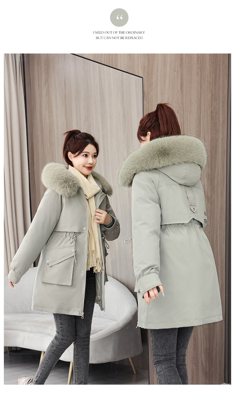 Women's Parka Coat With Detachable Faux Fur Hood, Mid-Length Winter Jacket For Ladies, Warm Quilted Polyester Outerwear With Rabbit Fur Trim_voghion.com