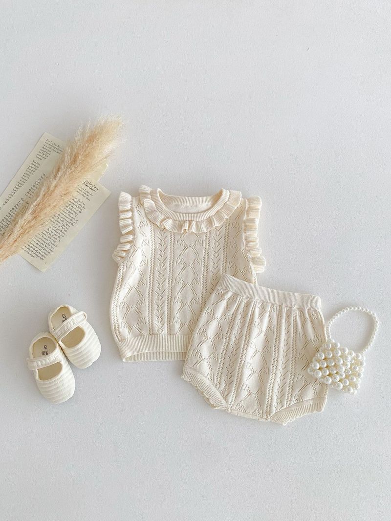 Vêtements d'été pour bébés filles, version coréenne, pull tricoté, col en dentelle, haut, short, ensemble princesse fin_voghion.com
