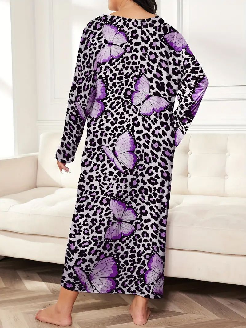Damenbekleidung Langärmliges Nachthemdkleid mit Schmetterlings- und Herz-Leopardenmuster, überschnittener Schulter, großer Größe_voghion.com