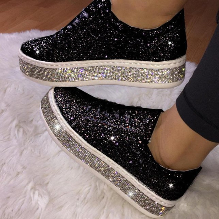 Large size single shoe rhinestone silver glossy lace up casual flat bottomed women's board shoes_voghion.com