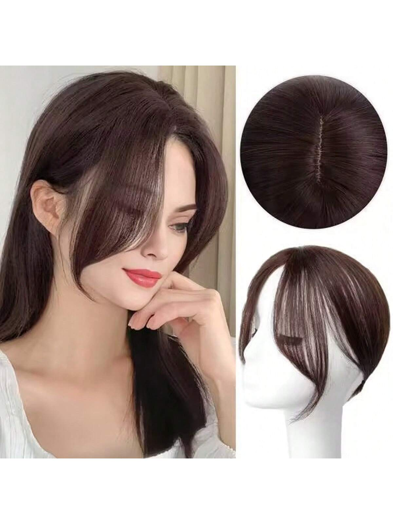Toppa per parrucca con frangia nera, frangia finta sulla fronte naturale, toppa per capelli con spacco centrale sulla parte superiore_voghion.com