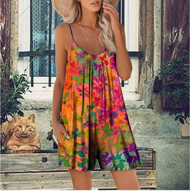 Stylowy damski kombinezon z krótkim rękawem – letni kombinezon bez rękawów z kwiatowym nadrukiem i kieszeniami bocznymi, luźny krój, wygodna, elastyczna tkanina (S-5XL)_voghion.com