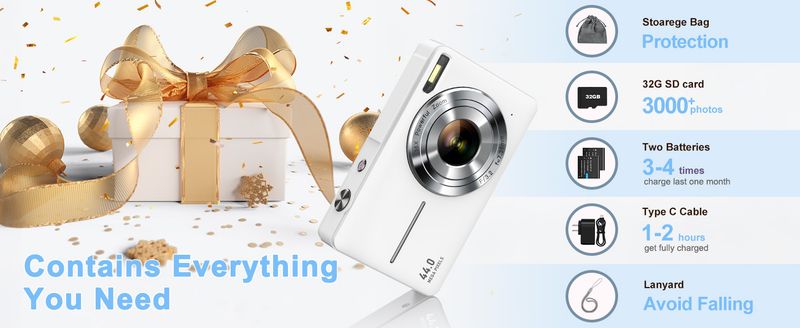 Câmera digital para crianças e iniciantes, câmera compacta FHD 1080P com cartão de 32 GB, zoom de 16x e antivibração, presente para meninos e meninas, branca_voghion.com
