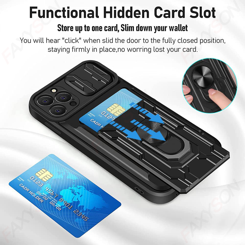 Estuche para iPhone 15 14 13 12 11 Pro Max XR XS 8 7 6 Plus SE 2022 Estuche deslizante con ranura para tarjeta para cámara y soporte de grado militar_voghion.com