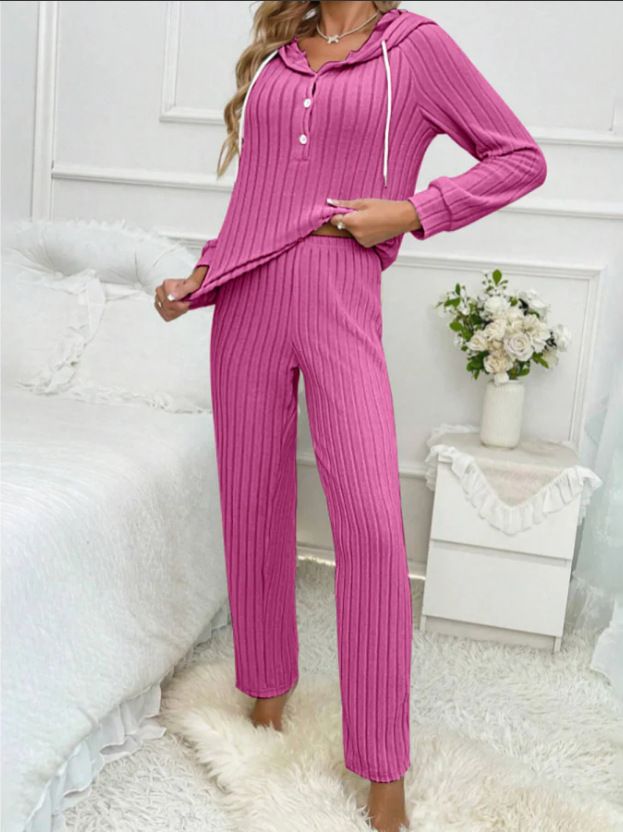Women's Casual Ribbed Fleece Hooded Button-Up T-Shirt & Pants Lounge Set - Soft Comfortable Home Wear Outfit_voghion.com