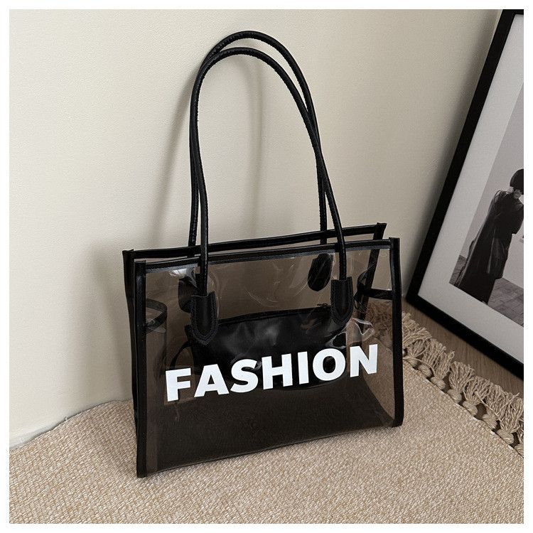 Borsa da spiaggia impermeabile in gelatina trasparente con stampa di lettere personalizzate, borsa a secchiello di grande capacità per le donne_voghion.com