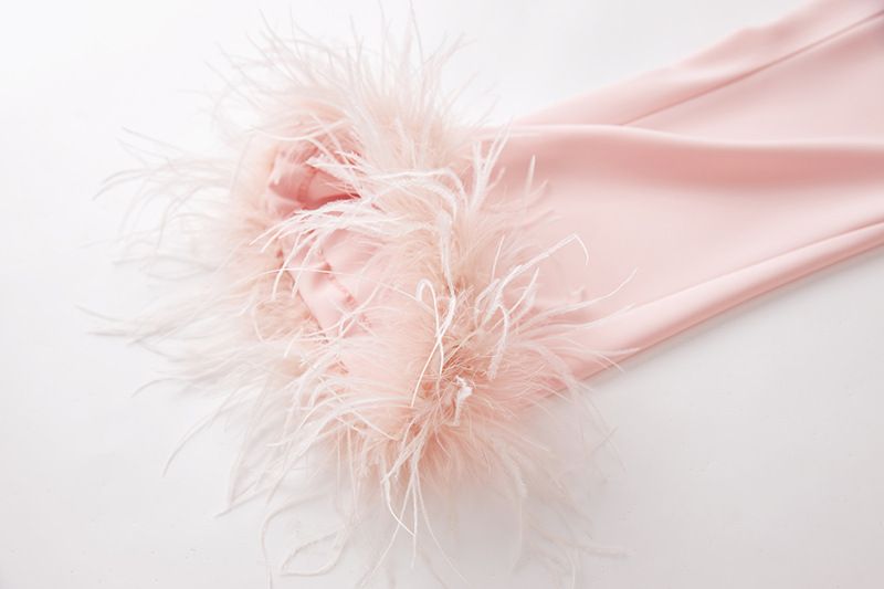 Abbigliamento da donna Abito con piume rosa, due pezzi, abito con pantaloni e temperamento_voghion.com