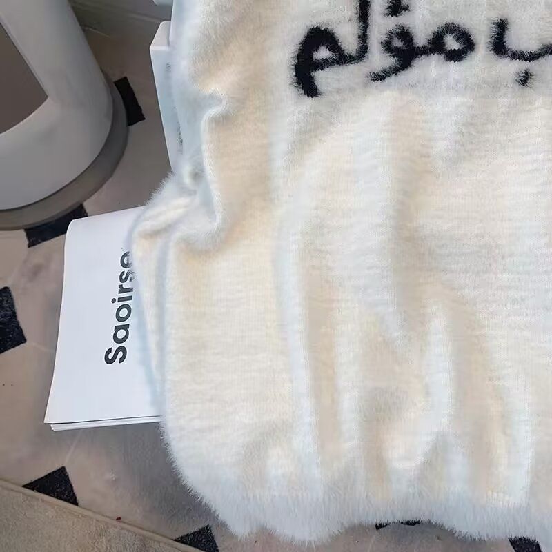 Sweater For Men Women, Lazy Style, Letter Print, White, Autumn Winter, Loose And Comfortable Knitted Top_voghion.com