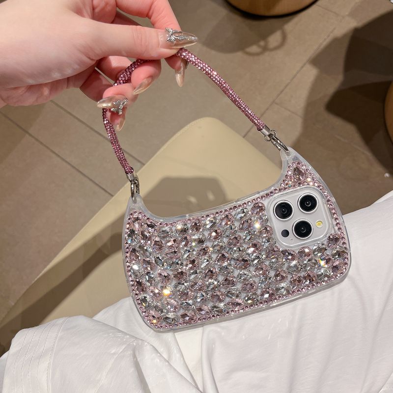 High-end Crystal Bag With Single Shell Same Style Flash Diamond Strap Phone Case For IPhone 16 Pro Max 15 Pro 14 13 12 11 Case_voghion.com