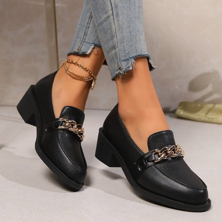New Fashion Pointed Toe Set Thick Sole Fashion Casual Large Size Metal Chain Loafers_voghion.com