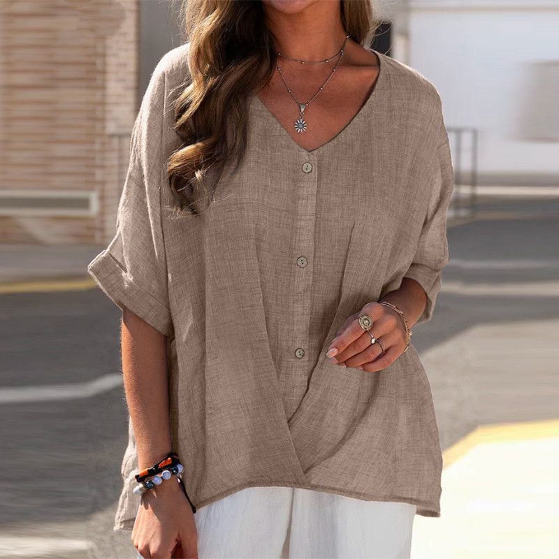 Maglione casual da donna a maniche corte in cotone e lino con scollo a V 2025_voghion.com