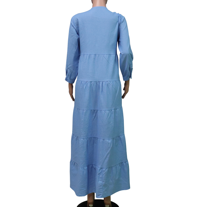 Damenbekleidung, einfarbig, V-Ausschnitt, langärmelig, böhmisches Baumwoll-Hanf-Kleid_voghion.com