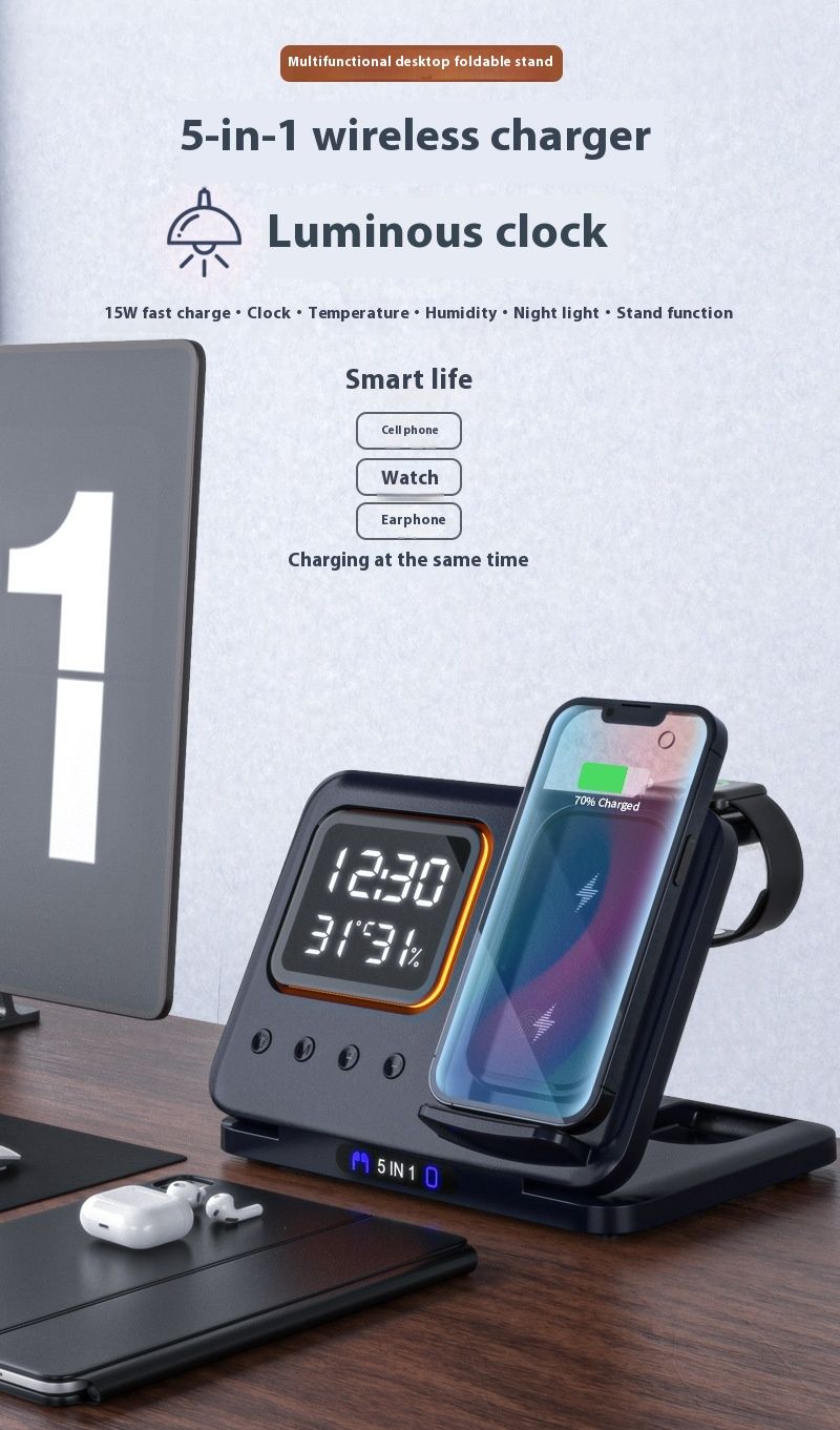 15W Drahtlose Ladegeräte Stehen 5 In1 LED Digital Wecker Schnelle Lade Dock Station_voghion.com
