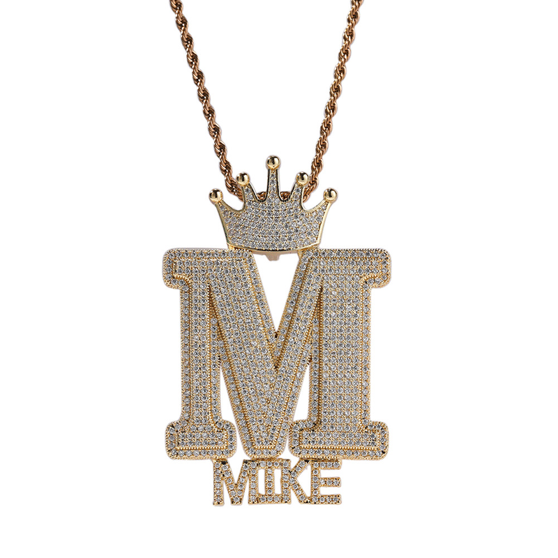 Hip Hop Crown Button Letter Trendy e alla moda in rame con zircone e ciondolo con diamanti pieni_voghion.com