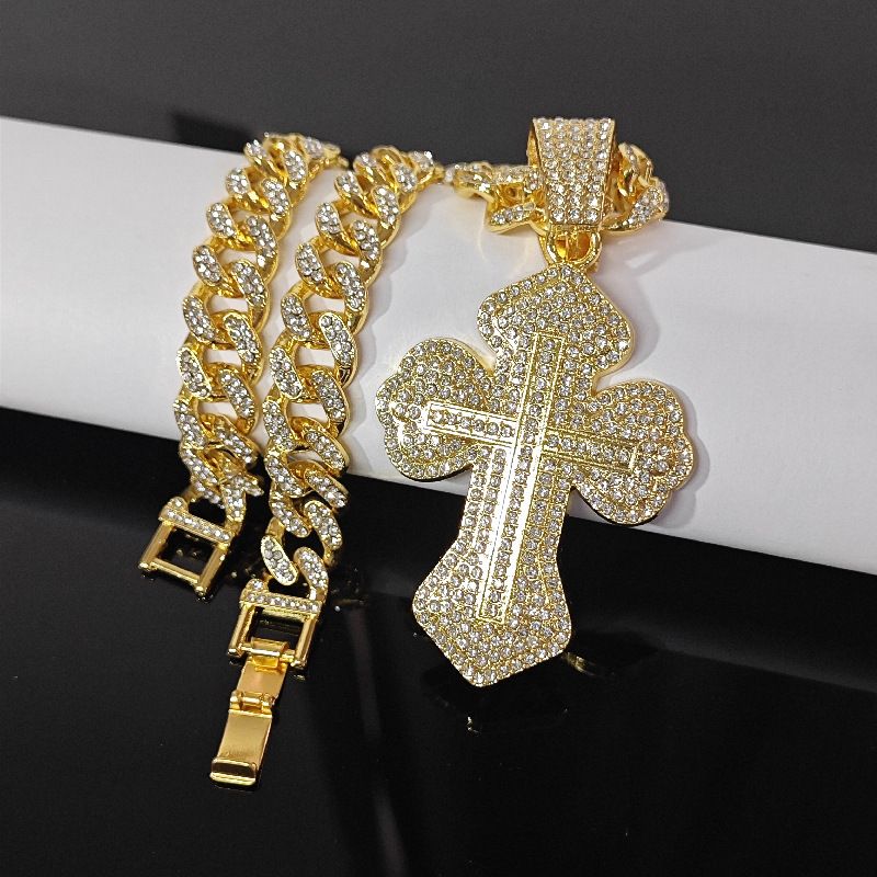 Collana con ciondolo a croce con diamanti, stile hip hop unisex, versatile, con catena cubana_voghion.com