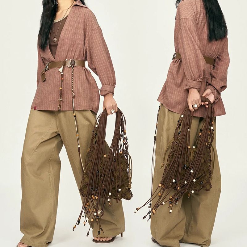 Borsa da donna alla moda, casual, con tracolla singola, in rete cava, con perline in legno, per la primavera e l'estate 2025, in corda di cotone con design di nicchia._voghion.com
