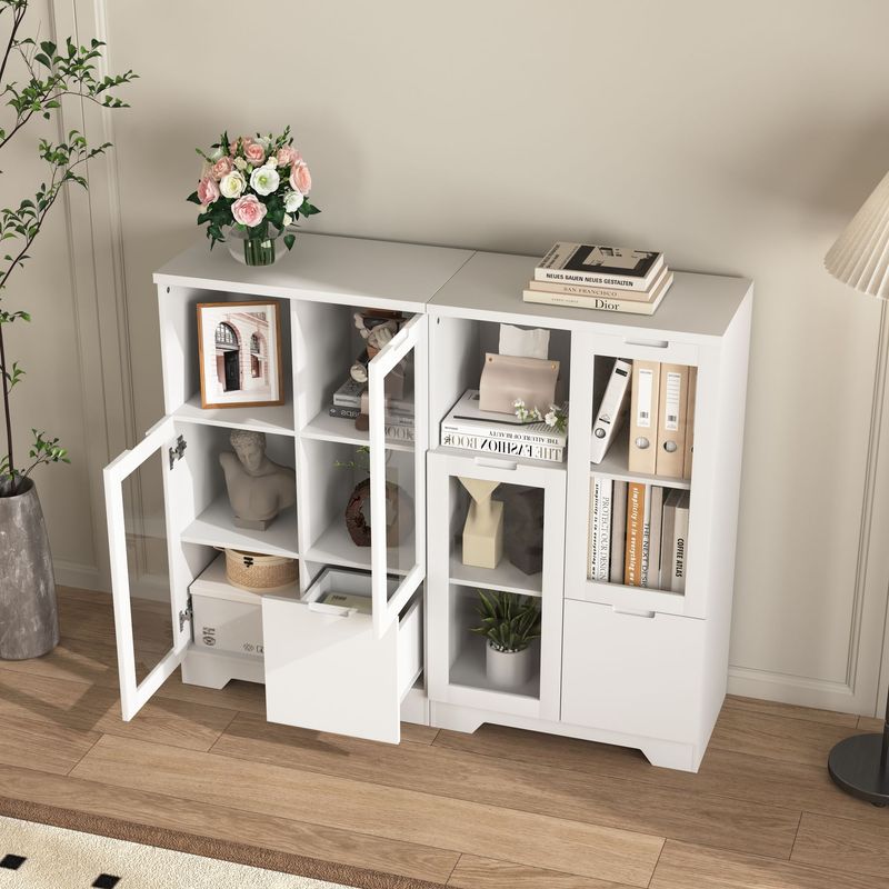 MDF Painted Cabinet With Glass Doors And Drawer, Open Storage Space, Navy Blue ,Bedroom, Living Room_voghion.com