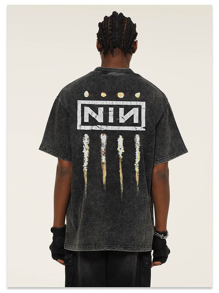 2025-ös Cross Border Summer Nine Inch Nails Band American Retro 300g pamut nehézsúlyú férfi póló nyomtatott rövid ujjú férfi_voghion.com