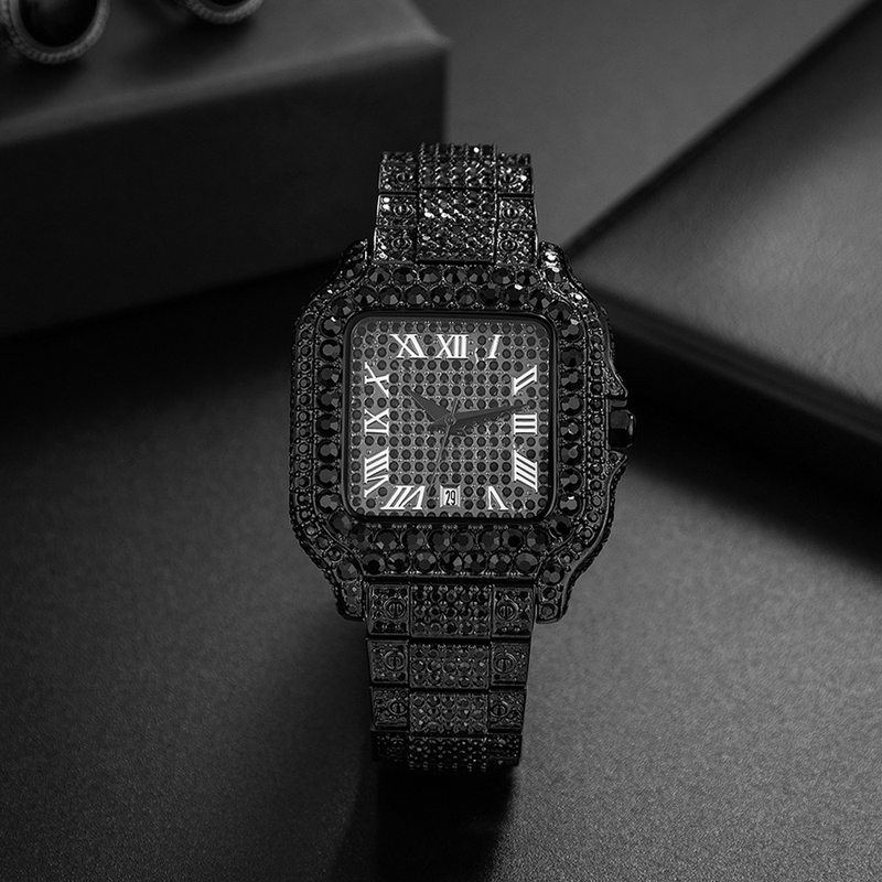 Men's Fashion Square Watch With Full Diamond Accents, Roman Numerals, And Quartz Movement - Waterproof, Stainless Steel Band, Mineral Glass_voghion.com